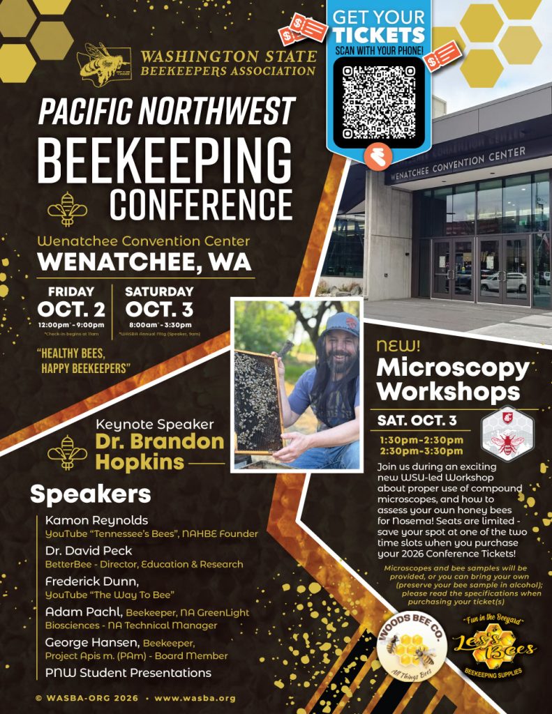 Washington State Beekeepers Association WASBA Beekeeping Beekeeper Bee Honey Pollinator Conference Convention Annual Meeting Speakers Presentations Science Varroa Mite Nosema Hobbyist Hives Brood Drones Queens Auction Raffle Win Wenatchee Woods Bee Co Les's Bees