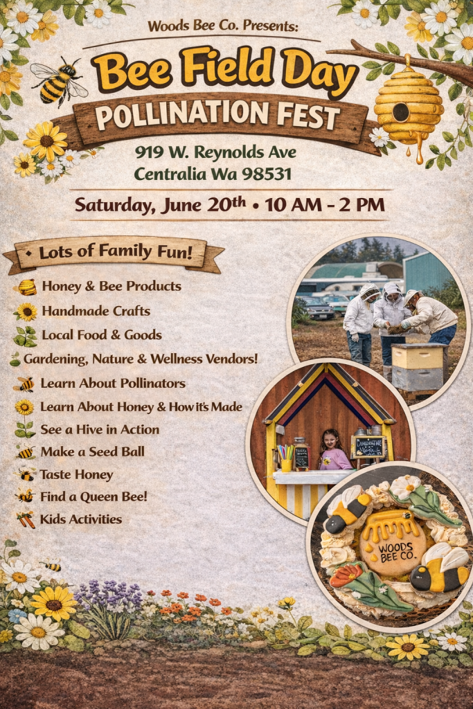 bee field day pollinator pollination fest festival event woods bee co apiary centralia wa free public event kids bee honey vendor seeds crafts food tasting fun