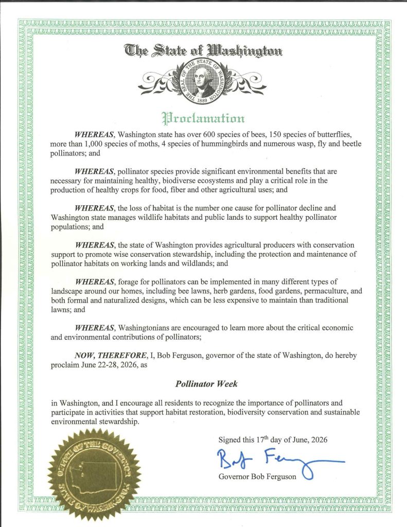 WA State Washington Pollinator Week 2026 June 22-28 on now wasba state beekeeper beekeeping beekeepers pollinator honey bee butterfly native bee bumble sweat awareness save the